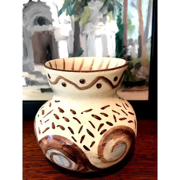 Ivory Pottery Vase with Blue & Brown Crackle Glaze in a Wave Pattern - Picture 8 of 10